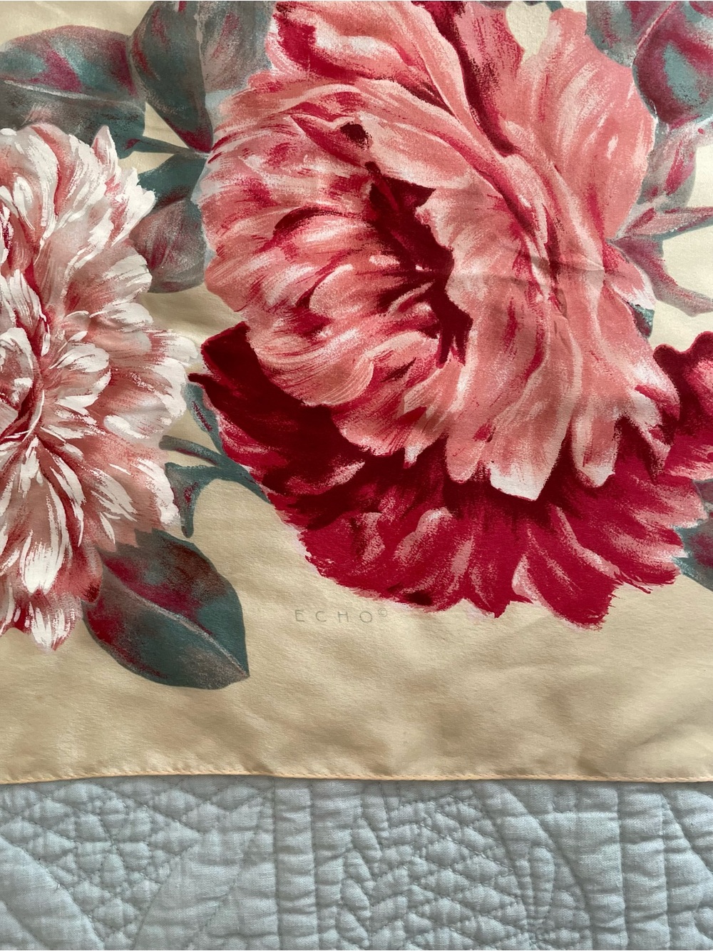 100% Silk Square Scarf Floral Peony & Tulip Red & Pink on Cream Background - Picture 6 of 6